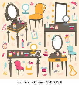 Set of makeup tables, chairs, perfumes. Flat style vector illustration.