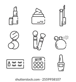 Set of make-up themed, editable, line art icons