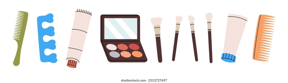 Set of makeup tools. Beauty tools silhouette. Comb, fingers separators, face cream, color palette, makeup brushes. Vector illustration.