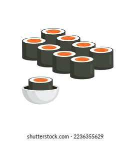 Set of maki roll with salmon . Chopsticks, soy sauce and sushi. Traditional Asian food. Japanese dish. Vector illustration in trendy flat style isolated on white background.