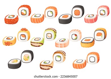 Set of maki sushi rolls with different ingredients vector illustration isolated on white background