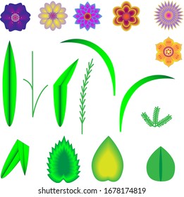 A set for making bouquets, consisting of colorful flowers and leaves.