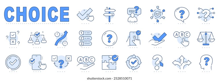 Set von Auswahl verwandten blauen Symbolen. Umfrage, Checkliste, Feedback, Option, Akzeptieren, Pfeil, Weg etc. Bearbeitbarer Strich