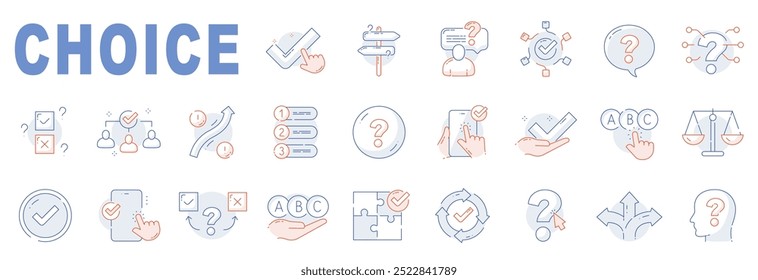 Set of making choice related colored icons. Survey, checklist, feedback, option, accept, arrow, way etc. Editable stroke