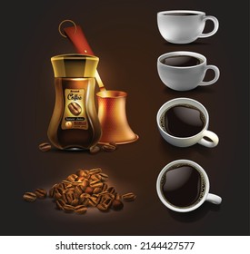 Set for making coffee. Coffee beans, cups, cezve and jar of coffee. Highly detailed realistic illustration.