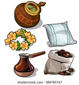 A set for making coffee, a soft pillow and a wreath of flowers. Vector illustration.