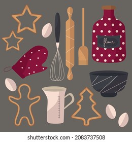 A set for making gingerbread cookies. Baking dish, flour, rolling pin, spatula, eggs. Christmas, traditional recipes. Happy New Year and Merry Christmas. A postcard for the holiday. Tasty.