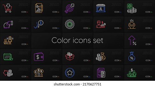 Set Of Making Money, Business Growth And Difficult Stress Line Icons. Include Report Document, Increasing Percent, Loyalty Star Icons. Target, Donate, Coins Bag Web Elements. Loan. Vector