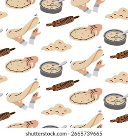 Set zur Herstellung von Pizzateig. Die Hände des Küchenchefs rollen den Teig mit dem Rollstift aus, formen die Ränder, strecken ihn an der Luft. flache Farbdarstellung mit Doodle-Linien in nahtloser Textur. Verfahren zur Herstellung von Pizza.