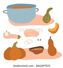 Set for making pumpkin and squash soup. Cooking, fall, autumn dinner. For topics like pumpkin season, harvest, recipe