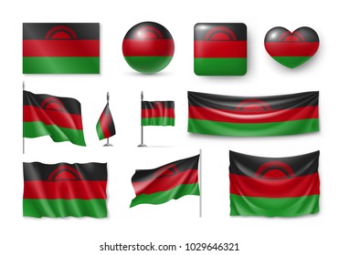 Set Malawi flags, banners, banners, symbols, realistic icon. Vector illustration of collection of national symbols on various objects and state signs