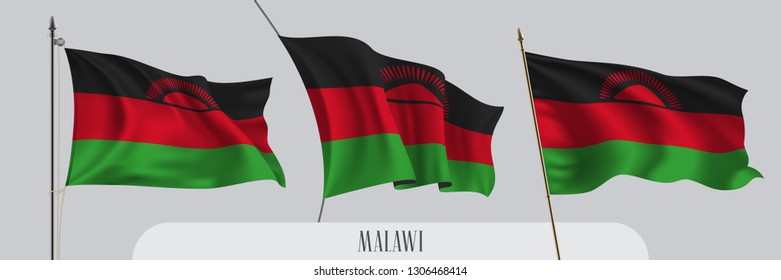 Set of Malawi waving flag on isolated background vector illustration. 3 black green Malawian wavy realistic flag as a patriotic symbol 