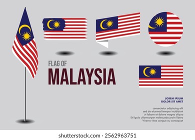 Set of  Malaysia flag in 5 designs: flag on pole, brush stroke, skew, round and standard. vector, flat, isolated on grey background