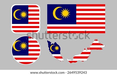 A set of Malaysia flag icons. A set of flags in square, rectangular, round and map shapes. Flag icons.