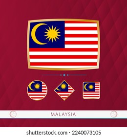 Set von malaysischen Flaggen mit goldenem Rahmen für Sportveranstaltungen auf bordeauxrotem Hintergrund. Vektorgrafik von Flaggen.