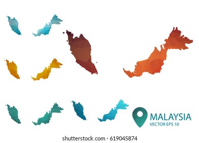 Set of Malaysia maps. Bright gradient map of country in low poly style. Multicolored country map in geometric style for your infographics. Vector illustration eps 10.