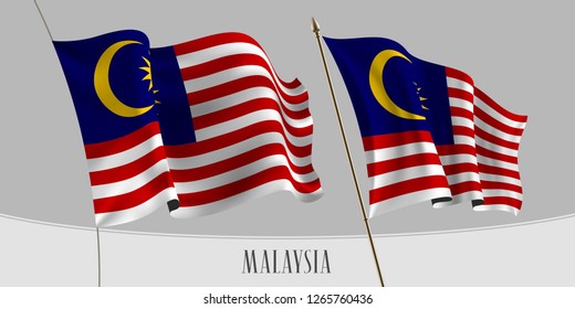 Set of Malaysia waving flag on isolated background vector illustration. Stripes and moon of Malaysian wavy horizontal realistic flag on pole mockup 