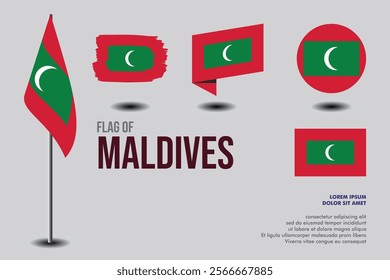 Set of Maldives flag in 5 designs: flag on pole, brush stroke, skew, round and standard. vector, flat, isolated on grey background
