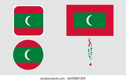 Um conjunto de ícones da bandeira das Maldivas. Um conjunto de sinalizadores em formas quadradas, retangulares, redondas e de mapa. Ícones de sinalizador.
