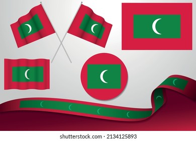 Set Of Maldives Flags In Different Designs Icon Flaying Flags With ribbon With Background.