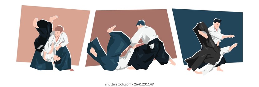 Set of male aikido character. Dynamic pose. Sport, martial arts. Cartoon flat vector illustration.