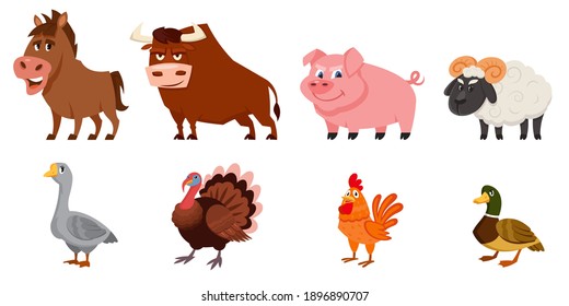 Set of male animals side view. Farm animals in cartoon style.