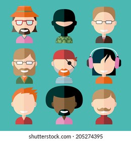 Set of male avatar in flat design style. 