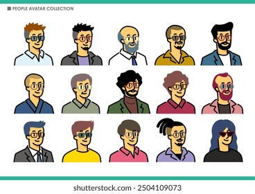 Set of male avatar icons. Glasses.