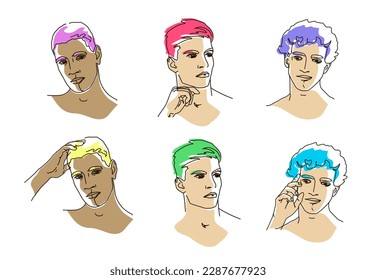 Set male avatar vector lineart illustration with color shapes. man Minimalist Logo.