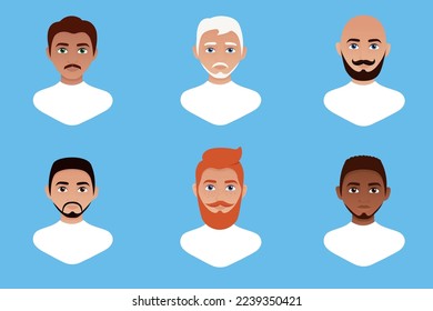 Set of male avatars. Men of different nationalities in white t-shirts. Flat vector illustration