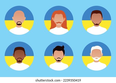 A set of male avatars on the background of the flag of Ukraine. Europeans and Americans support Ukraine.	

