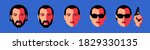Set of male avatars. Transformation an ordinary man into a secret agent with a gun. Faces of young men with different haircut, with and without beard, with and without sunglasses. Vector illustration