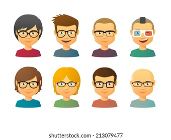 Set of male avatars wearing glasses with various hair styles