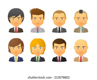 Set of male avatars wearing suit  with various hair styles