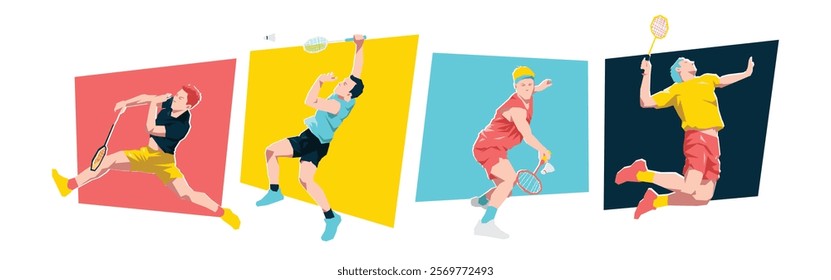 Set of male badminton players. Badminton athlete character. Isolated on white background. Flat graphic vector illustration.