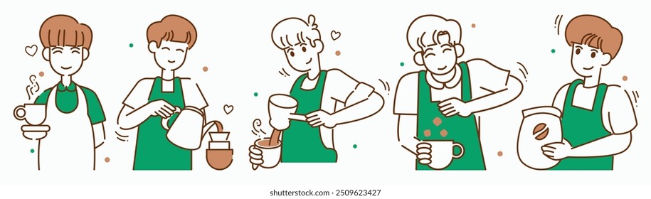 Conjunto de Barista Masculino em Café, restaurante, fast food, cozinha profissional e café. Personagens de desenhos animados bonitos desenhados à mão