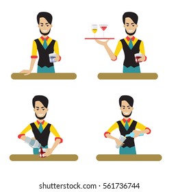 Set of male bartender character serving the alcohol. Vector illustration, flat style.Young man the barkeeper holding the tray with the glasses and pouring the drinks.