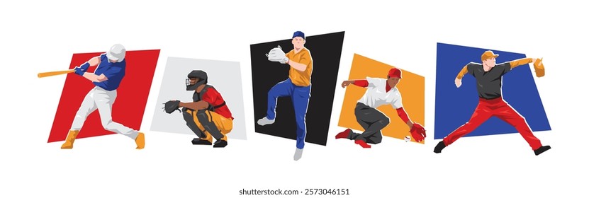 Set of male baseball player character with different poses. Isolated on white background. Flat vector illustration.