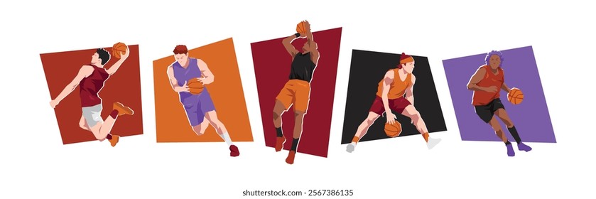 Set of male basketball players with different poses, gestures. Isolated on white background. Flat character vector illustration.