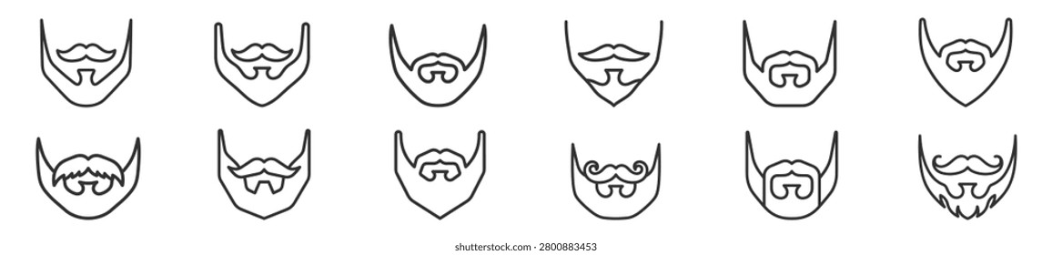 set of male beard and mustache line art icons collection on transparent background