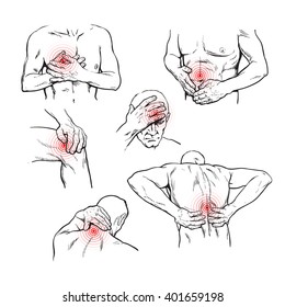 Set of male body parts, vector illustration varieties of pain  body, diskonfort back and neck, knees and scalp disease, malfunction of the intestine or stomach, chest pain and heart drawn, sketch 