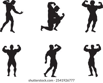 Set of male bodybuilders vector icon illustration. Bodybuilders cartoon silhouette set