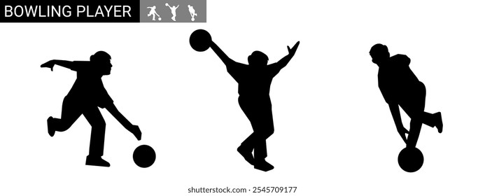 Set of male bowlers silhouettes. Different poses. Vector illustration.