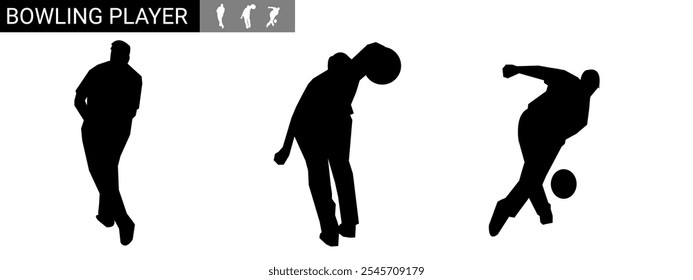 Set of male bowlers silhouettes. Different poses. Vector illustration.