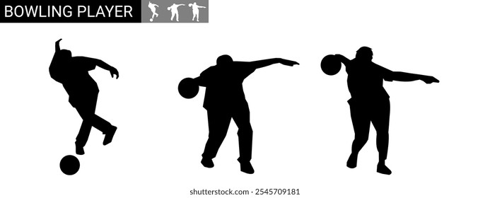 Set of male bowlers silhouettes. Different poses. Vector illustration.