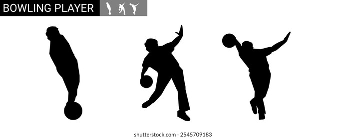 Set of male bowlers silhouettes. Different poses. Vector illustration.