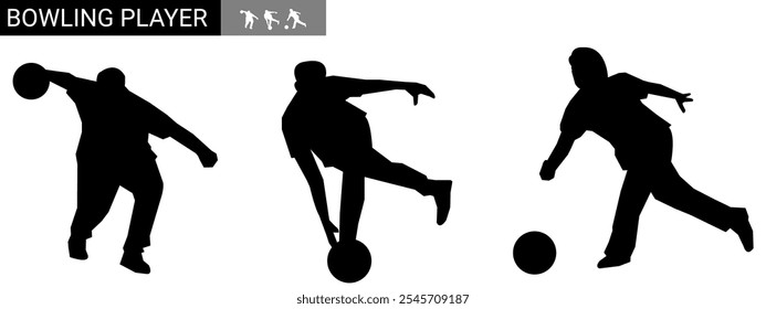 Set of male bowlers silhouettes. Different poses. Vector illustration.