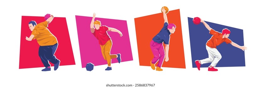 Set of male bowling player character. Flat vector illustration