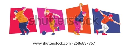 Set of male bowling player character. Flat vector illustration