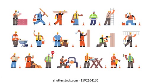 set male builders with professional equipment during different building activity busy construction workmen in uniform flat full length horizontal vector illustration